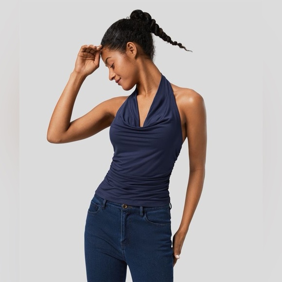 Halara Halter Cowl Neck Backless Ruched Tank Top Color Naval Academy Size S - Picture 1 of 8